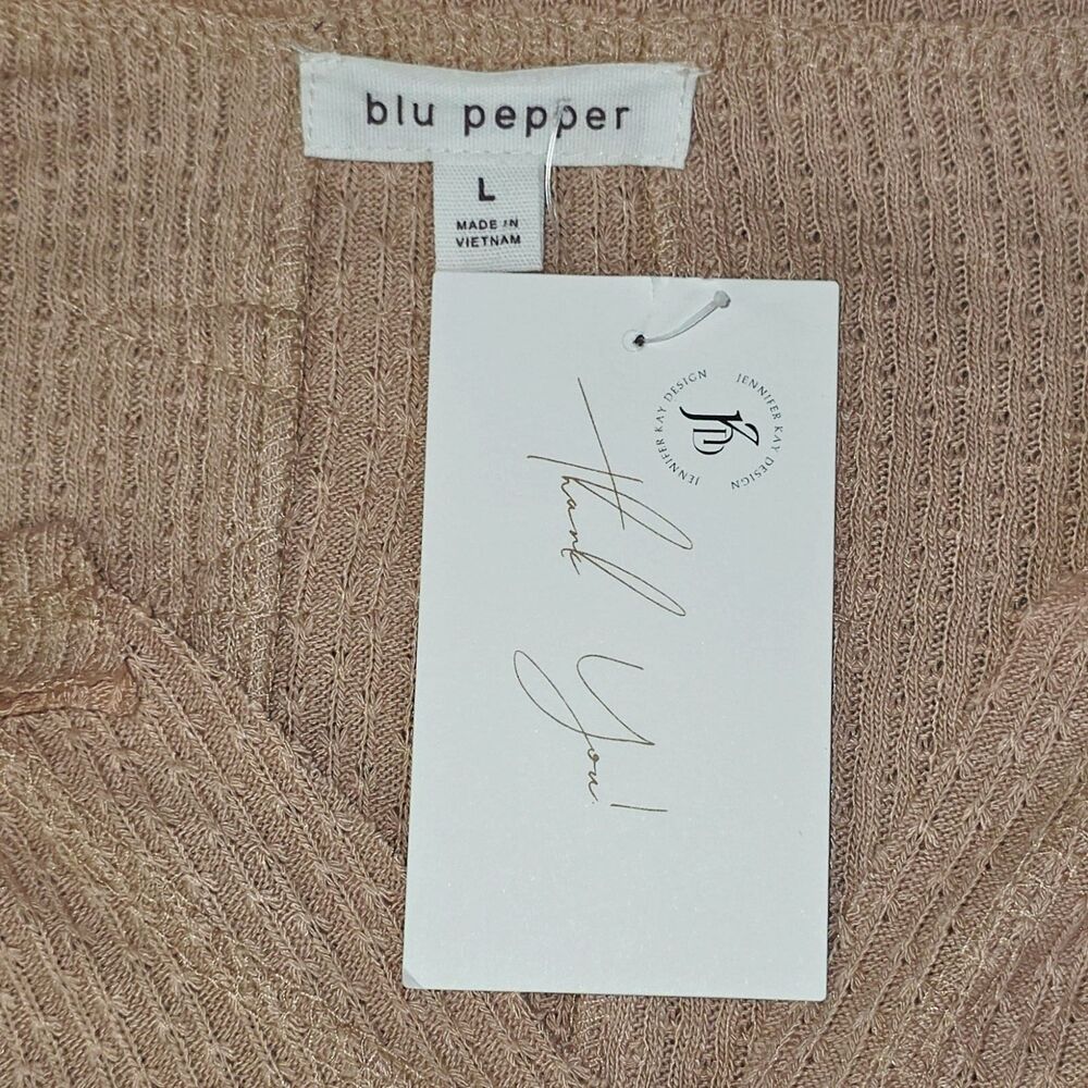 NWT Blu Pepper Waffle Knit Top L Neutral Tan Split Neck Long Sleeve Casual Cozy - Picture 7 of 9